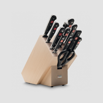Набор ножей, 9 штук + ножницы + вилка + мусат в светлой деревянной подставке, серия Classic, Wuesthof, Золинген, Германия, Серия Classic