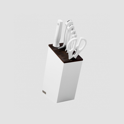 Набор из 4-х кухонных ножей в дизайнерской подставке + ножницы и мусат, серия White Classic, WUESTHOF, Золинген, Германия, Серия Ikon Cream White