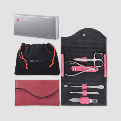 Набор маникюрный 5 предметов в кожаном футляре, цвет розовый, сатин, серия Manicure sets, WUESTHOF, Германия, Маникюрные наборы