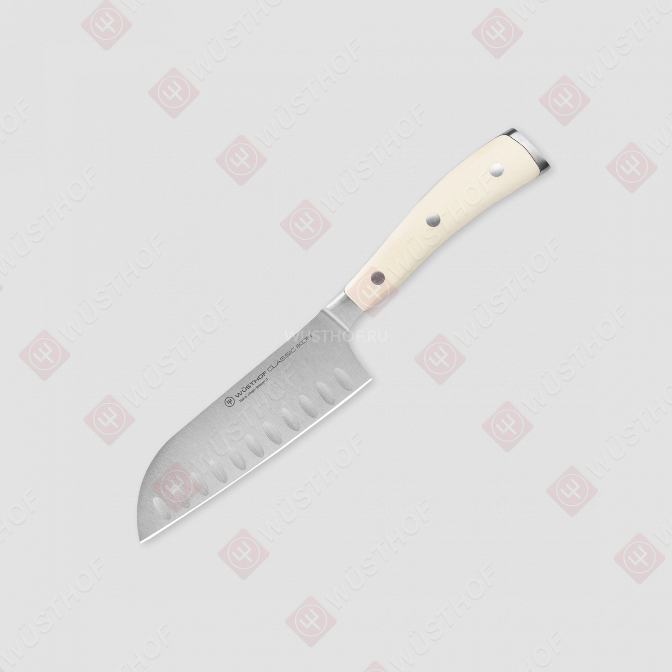 Нож кухонный Сантоку с углублениями на кромке 14 см, серия Ikon Cream White, WUESTHOF, Золинген, Германия