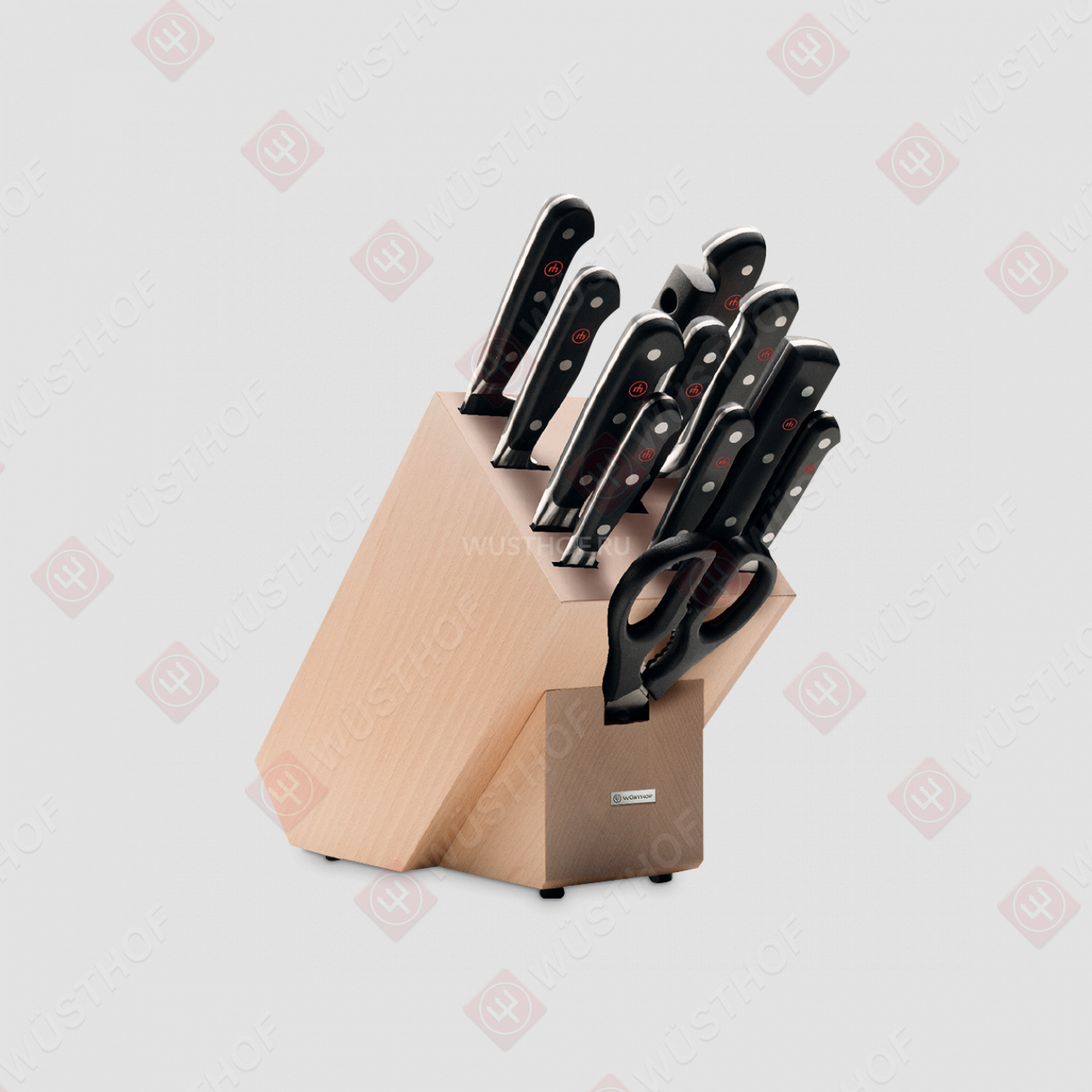 Набор кухонных ножей 9 штук + кухонные ножницы + вилка + мусат в деревянной подставке, серия Classic, WUESTHOF, Золинген, Германия